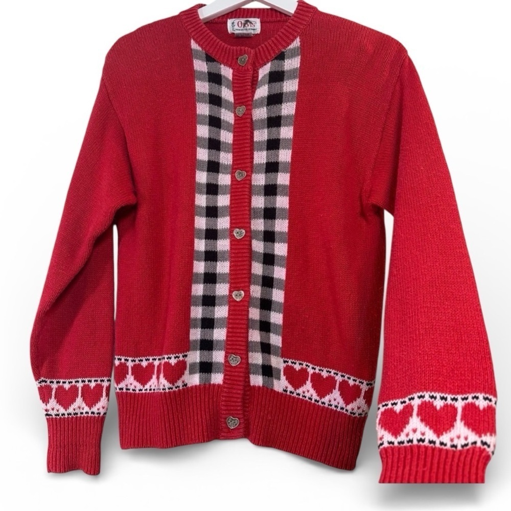 ORVIS Vintage Red Cardigan Sweater Heart Button Gingham Print SMALL Valentines